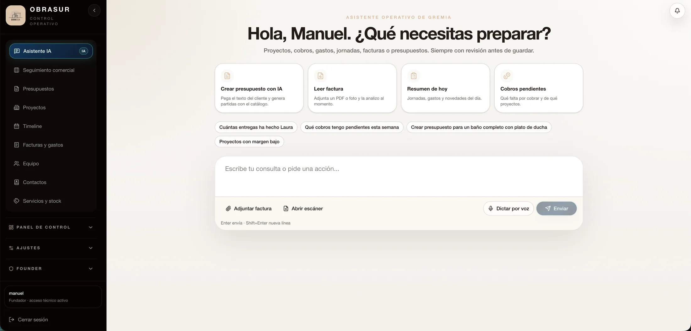 Pantalla de GremIA con asistente IA para presupuestos, facturas, cobros y resumen diario