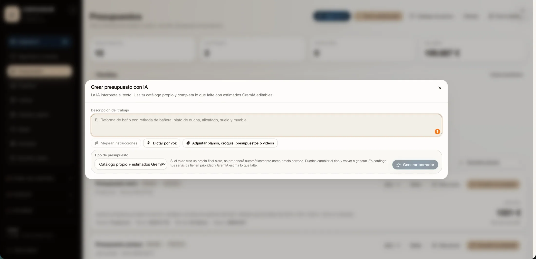 Modal de GremIA para crear presupuesto con IA desde descripción y archivos