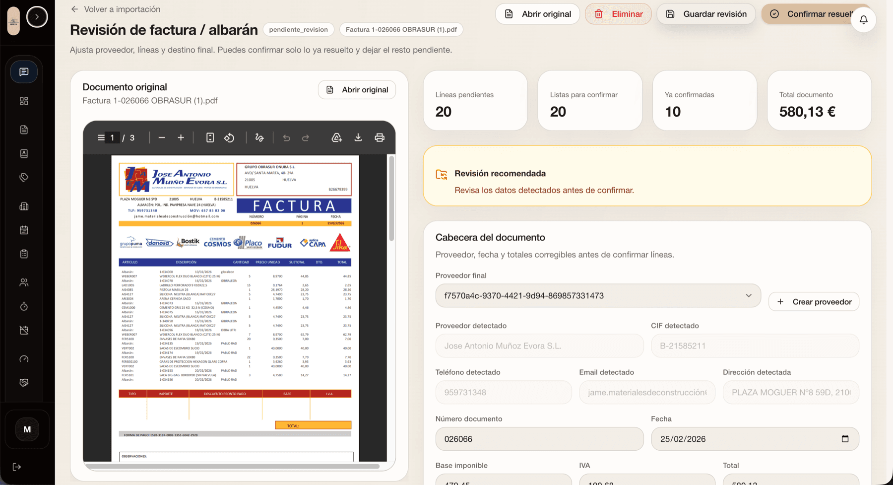 Revisión OCR de factura con proveedor, líneas, importes y datos extraídos